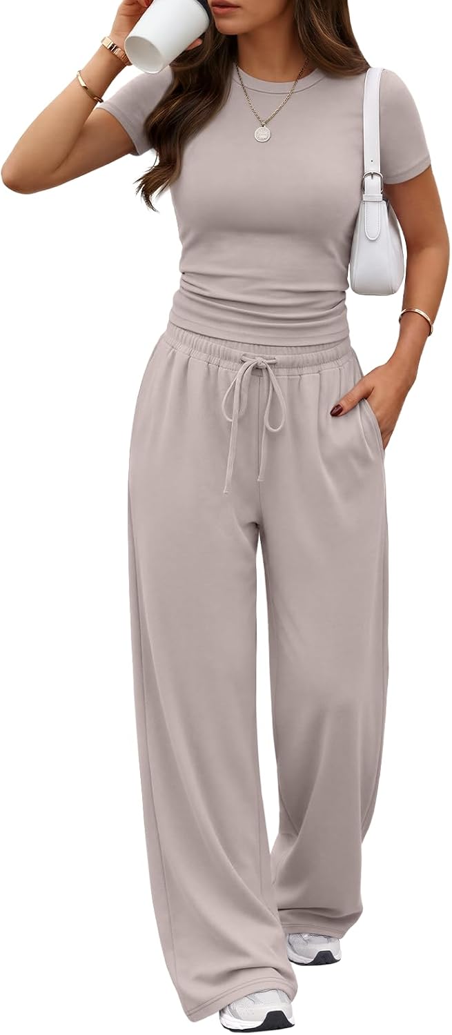 Trendy Queen 2 Piece Matching Summer Lounge Set Womens Side Ruching Top Wide Leg Pants Sets with Pockets