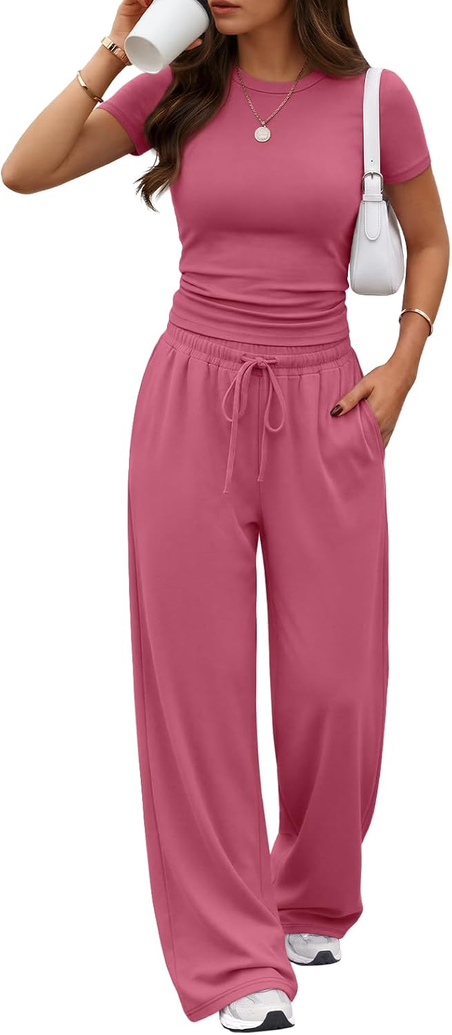 Trendy Queen 2 Piece Matching Summer Lounge Set Womens Side Ruching Top Wide Leg Pants Sets with Pockets