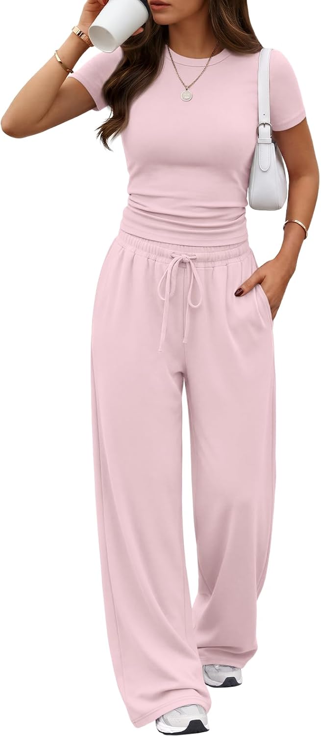 Trendy Queen 2 Piece Matching Summer Lounge Set Womens Side Ruching Top Wide Leg Pants Sets with Pockets