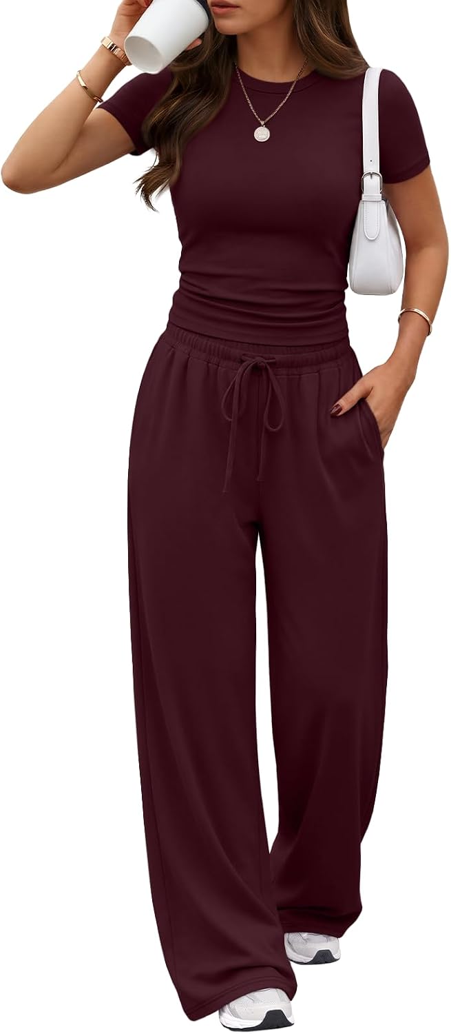 Trendy Queen 2 Piece Matching Summer Lounge Set Womens Side Ruching Top Wide Leg Pants Sets with Pockets