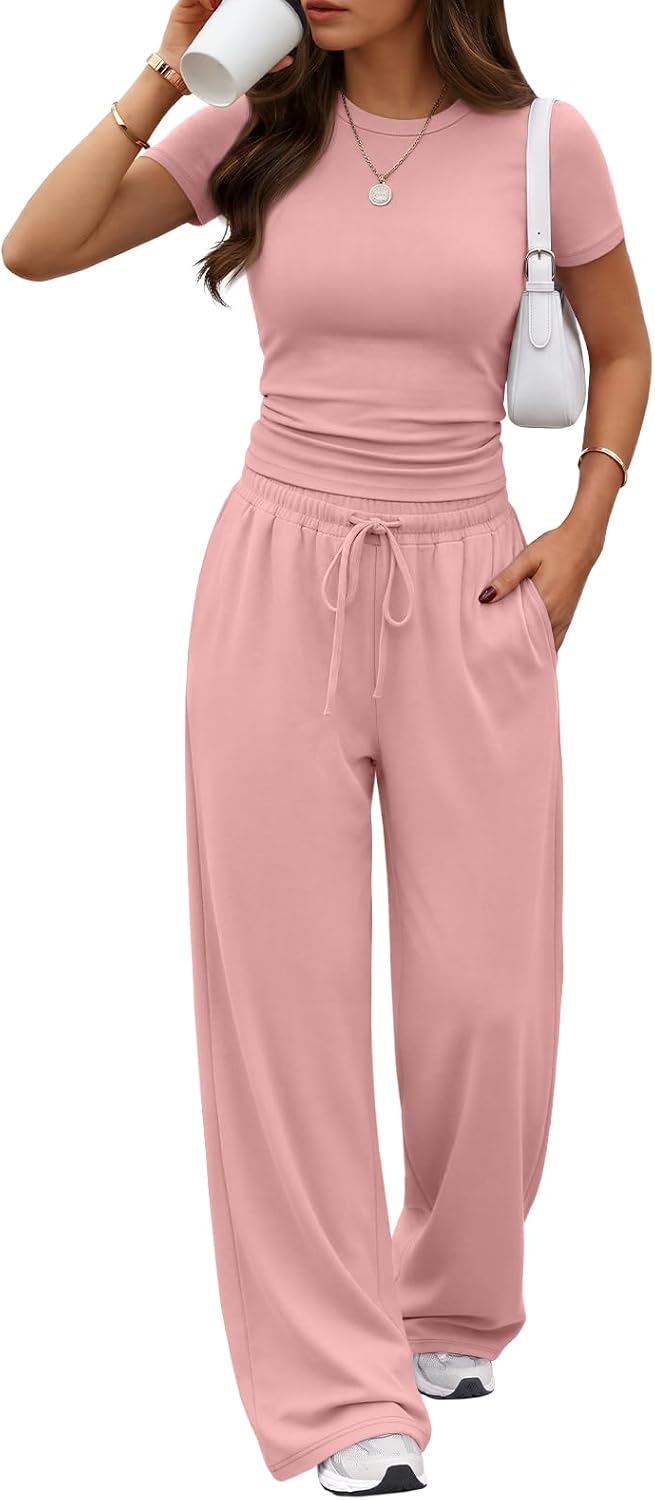 Trendy Queen 2 Piece Matching Summer Lounge Set Womens Side Ruching Top Wide Leg Pants Sets with Pockets
