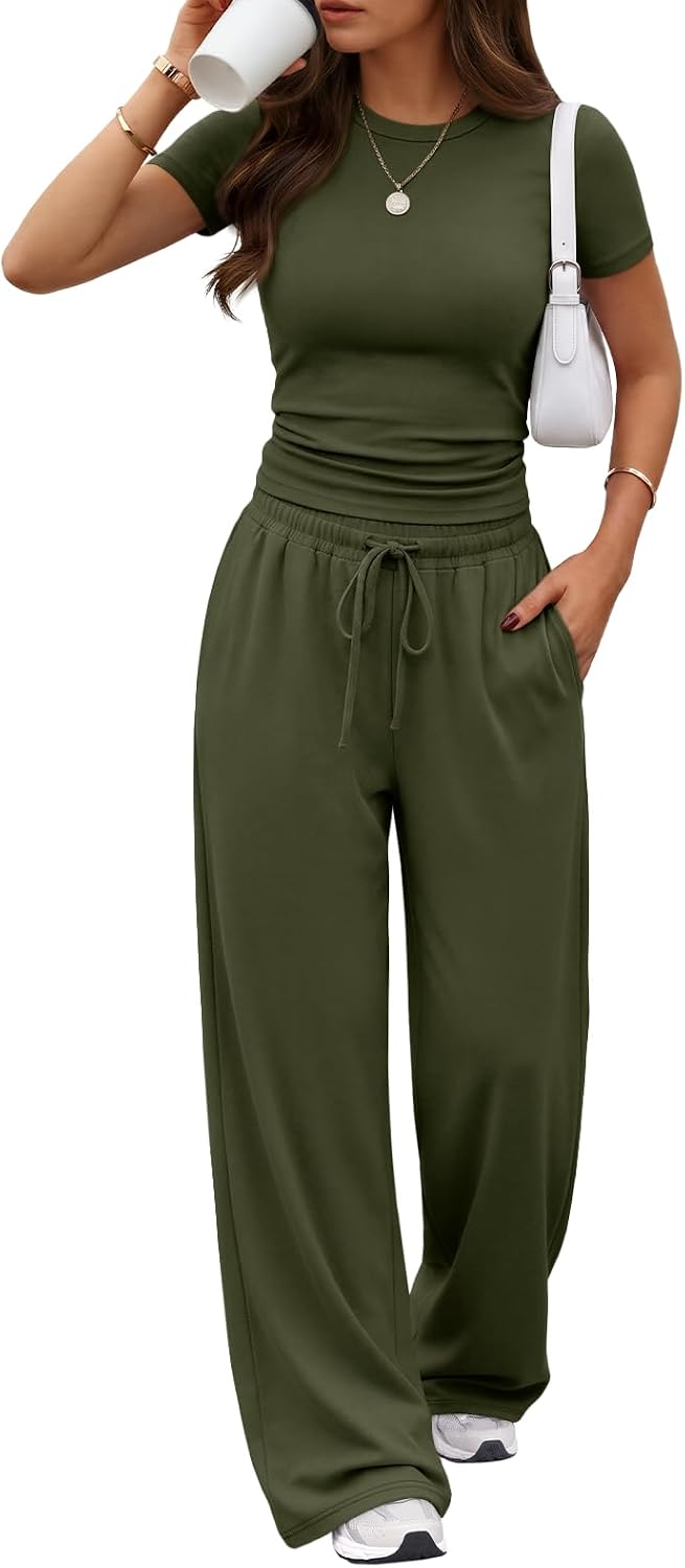 Trendy Queen 2 Piece Matching Summer Lounge Set Womens Side Ruching Top Wide Leg Pants Sets with Pockets