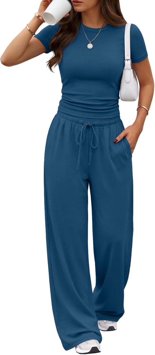 Trendy Queen 2 Piece Matching Summer Lounge Set Womens Side Ruching Top Wide Leg Pants Sets with Pockets