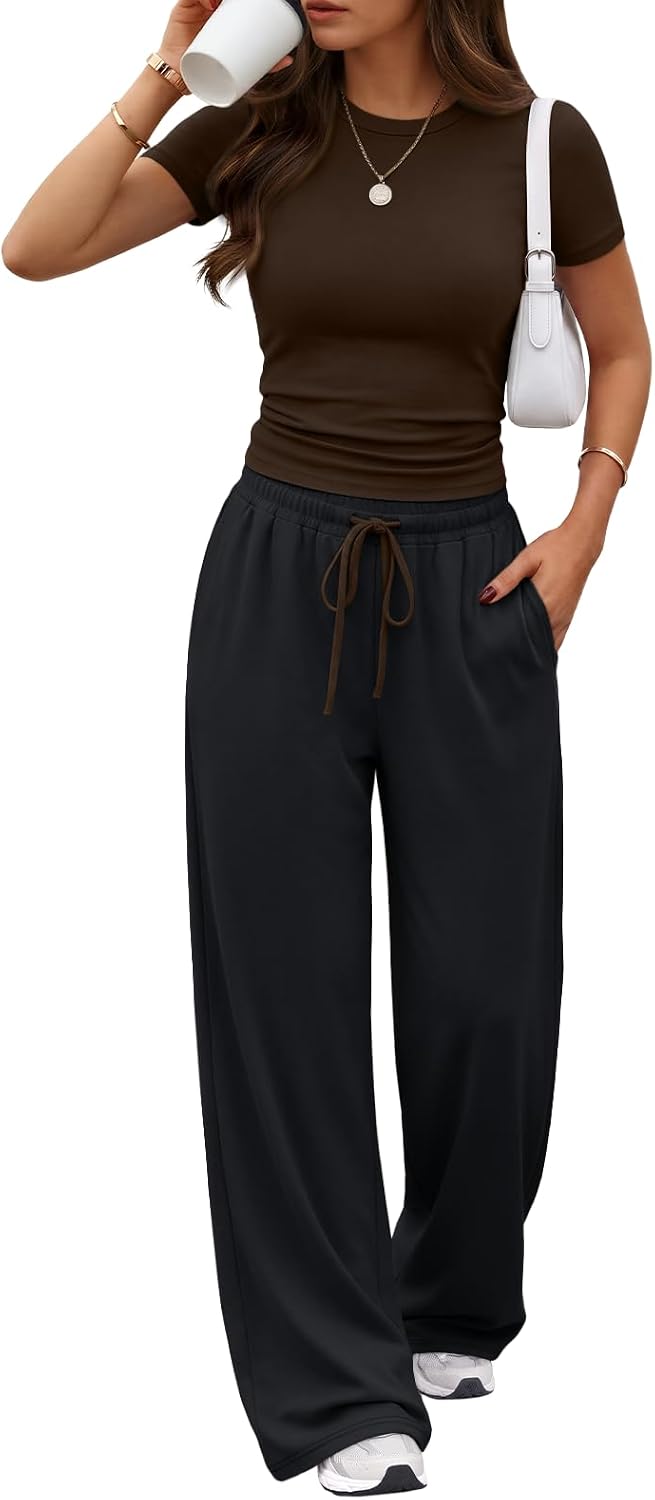 Trendy Queen 2 Piece Matching Summer Lounge Set Womens Side Ruching Top Wide Leg Pants Sets with Pockets