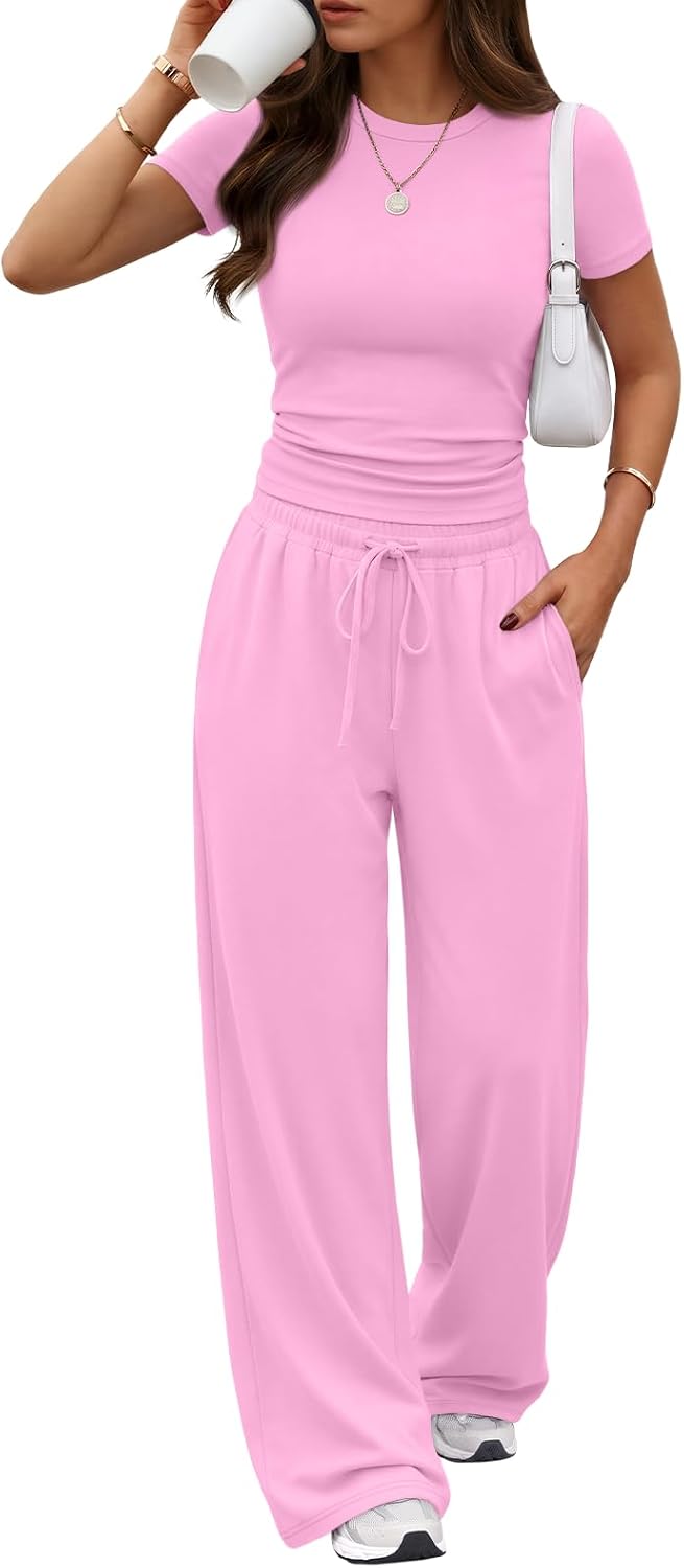 Trendy Queen 2 Piece Matching Summer Lounge Set Womens Side Ruching Top Wide Leg Pants Sets with Pockets