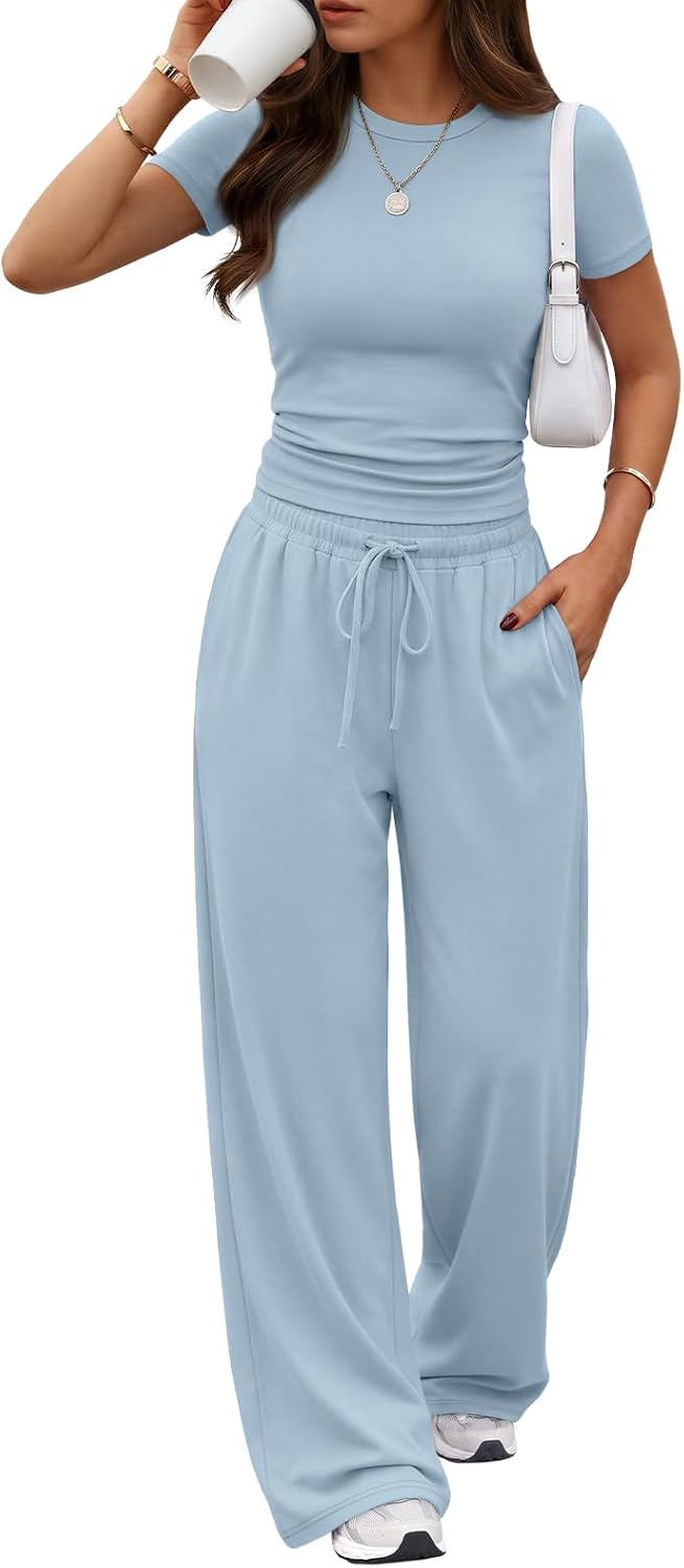 Trendy Queen 2 Piece Matching Summer Lounge Set Womens Side Ruching Top Wide Leg Pants Sets with Pockets