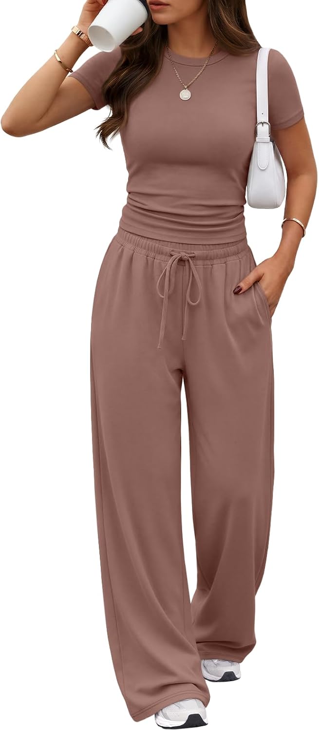 Trendy Queen 2 Piece Matching Summer Lounge Set Womens Side Ruching Top Wide Leg Pants Sets with Pockets