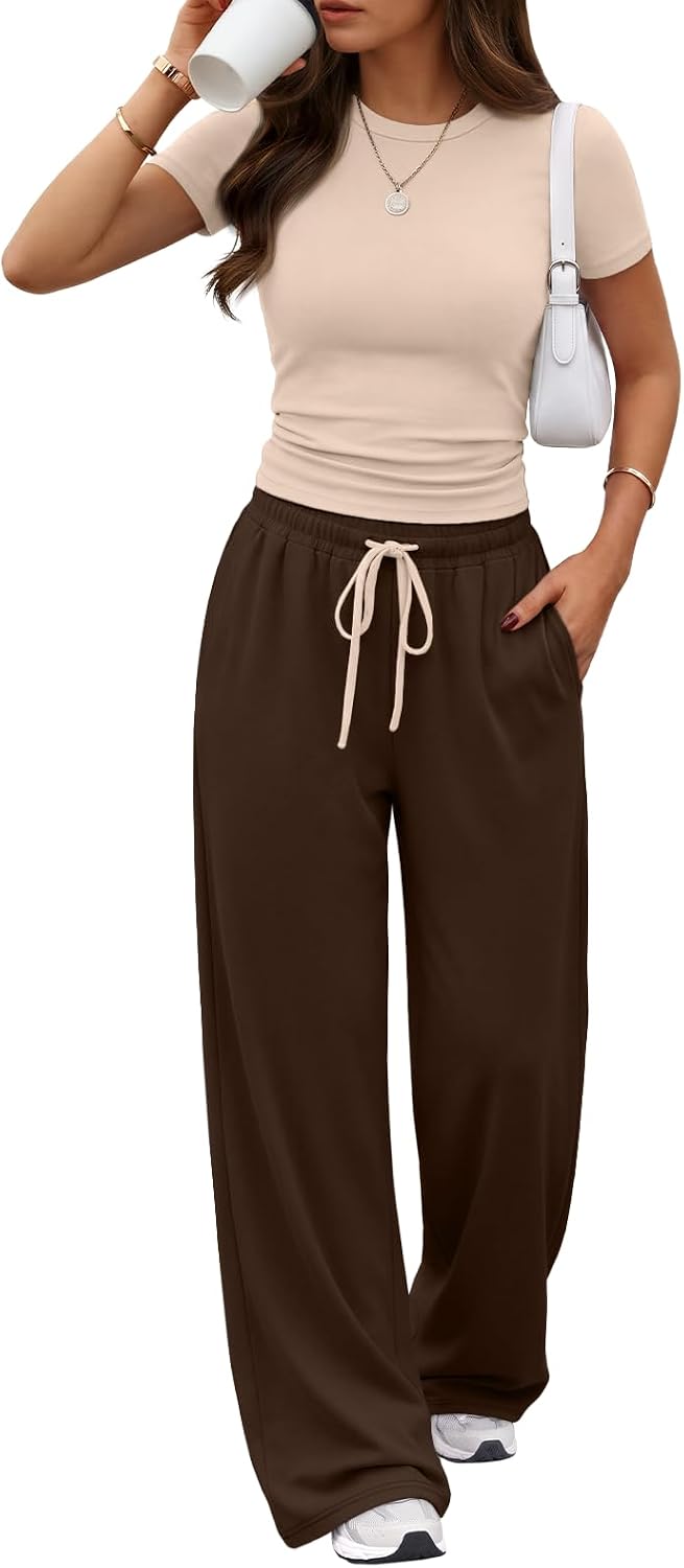 Trendy Queen 2 Piece Matching Summer Lounge Set Womens Side Ruching Top Wide Leg Pants Sets with Pockets