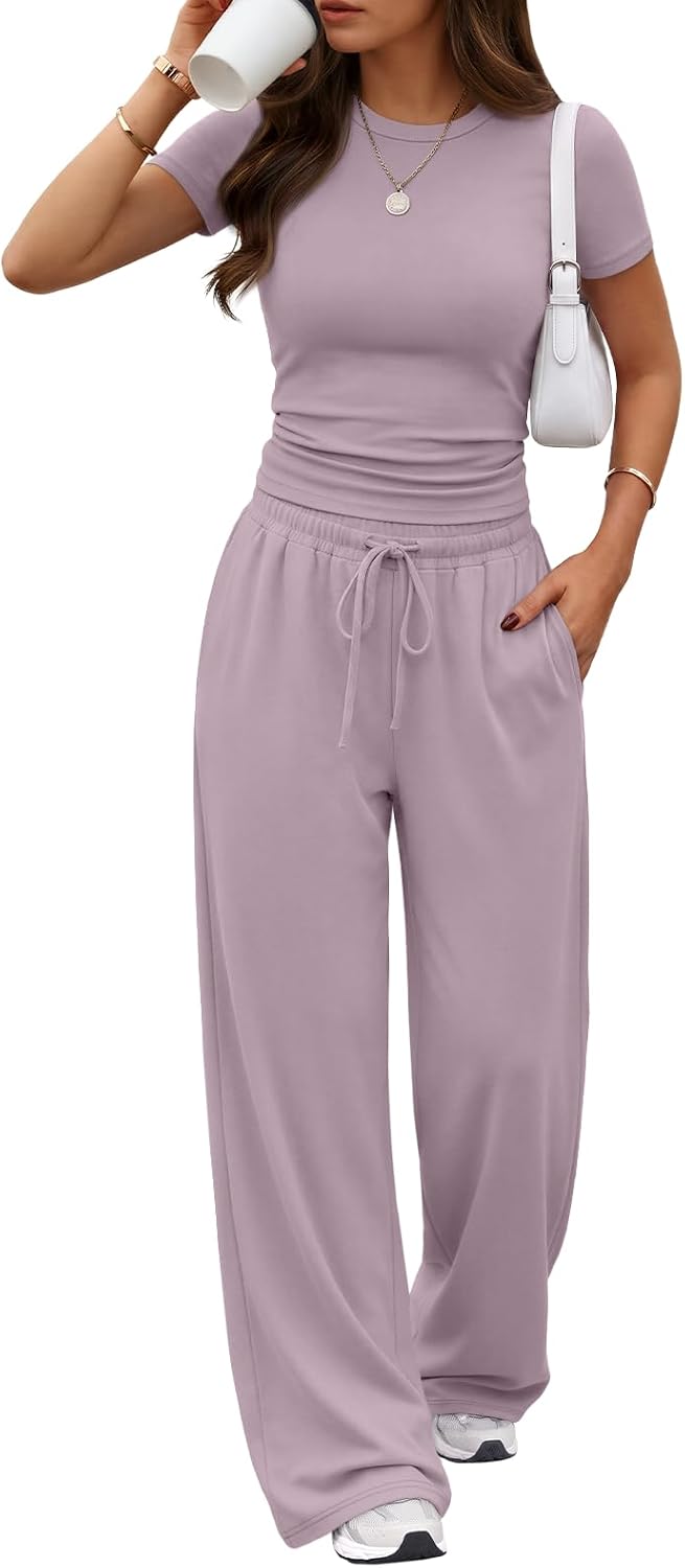 Trendy Queen 2 Piece Matching Summer Lounge Set Womens Side Ruching Top Wide Leg Pants Sets with Pockets