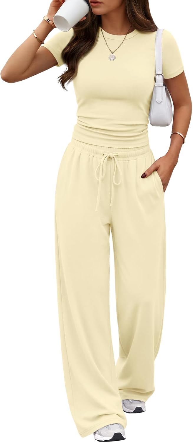 Trendy Queen 2 Piece Matching Summer Lounge Set Womens Side Ruching Top Wide Leg Pants Sets with Pockets