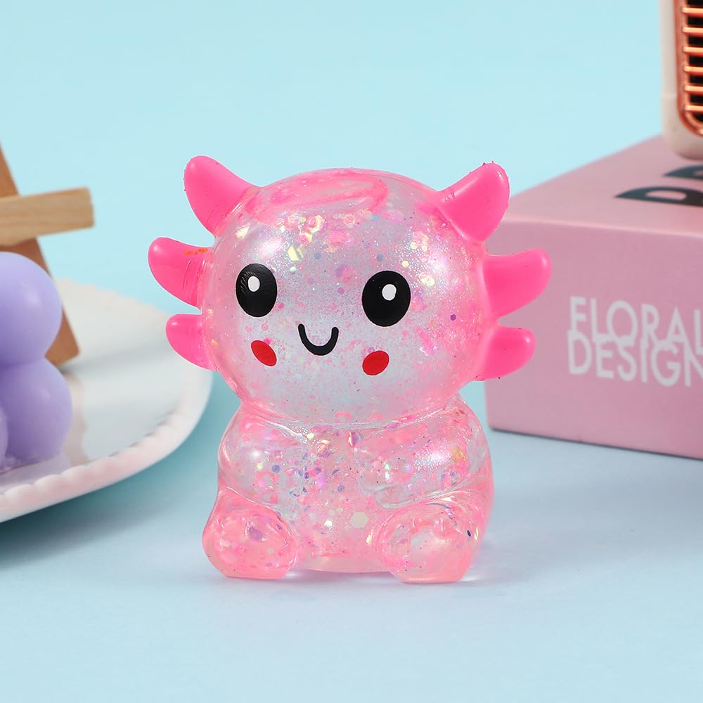 Axolotl Squishy Toy, Glitter Fidget Toys Cute Axolotl Stress Relief Squeeze Toy Gifts for Kids Youth Adult, Party Favors Squishies Toys (Pink&BlueA)