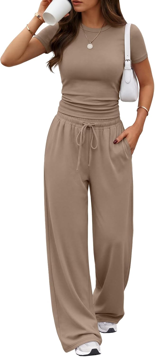 Trendy Queen 2 Piece Matching Summer Lounge Set Womens Side Ruching Top Wide Leg Pants Sets with Pockets