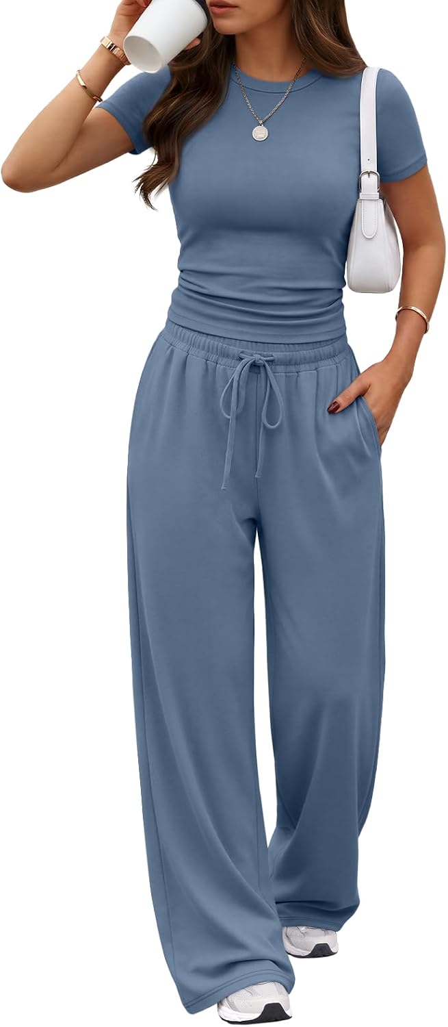 Trendy Queen 2 Piece Matching Summer Lounge Set Womens Side Ruching Top Wide Leg Pants Sets with Pockets