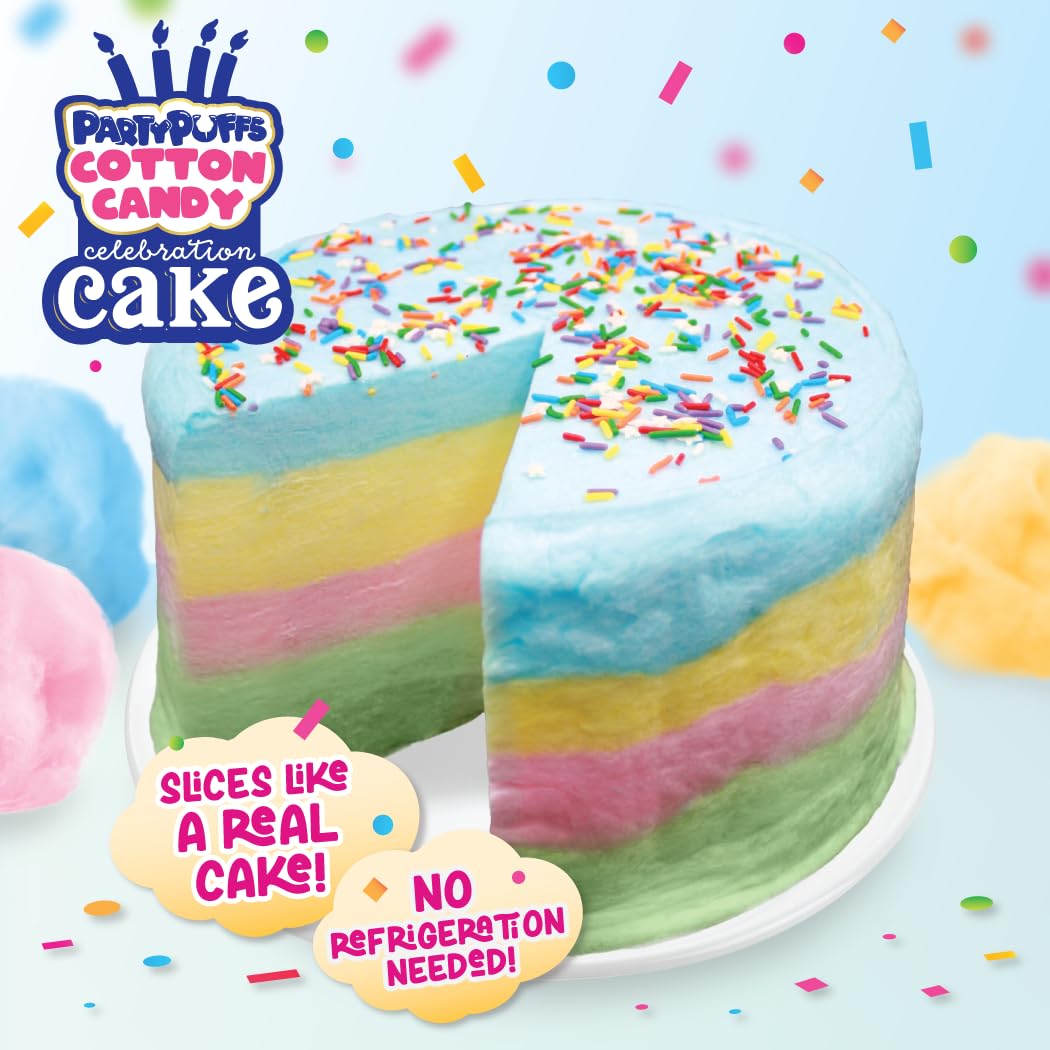 PartyPuffs 4oz Sliceable Cotton Candy Cake Tub – Strawberry Apple Blue Raspberry Lemon – Ready-to-Serve Gluten-Free Candy Dessert for Kids & Parties