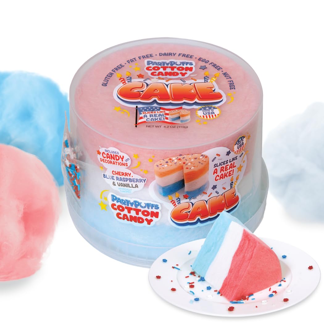 PartyPuffs 4oz Sliceable Cotton Candy Cake Tub – Strawberry Apple Blue Raspberry Lemon – Ready-to-Serve Gluten-Free Candy Dessert for Kids & Parties