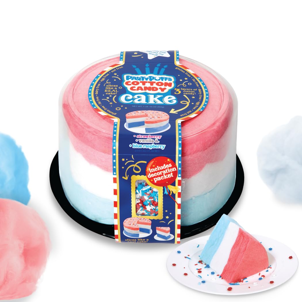 PartyPuffs 4oz Sliceable Cotton Candy Cake Tub – Strawberry Apple Blue Raspberry Lemon – Ready-to-Serve Gluten-Free Candy Dessert for Kids & Parties