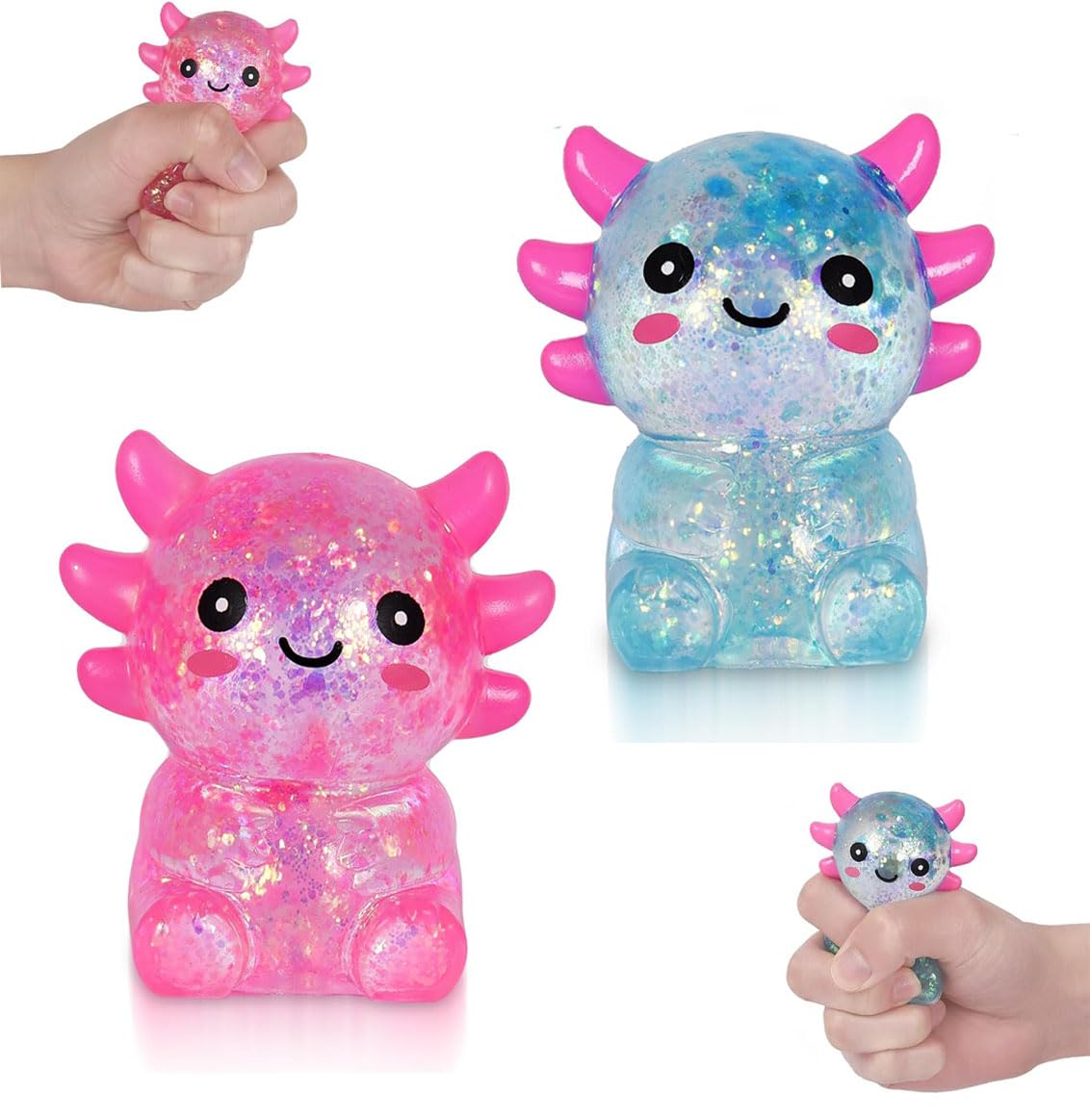 Axolotl Squishy Toy, Glitter Fidget Toys Cute Axolotl Stress Relief Squeeze Toy Gifts for Kids Youth Adult, Party Favors Squishies Toys (Pink&BlueA)
