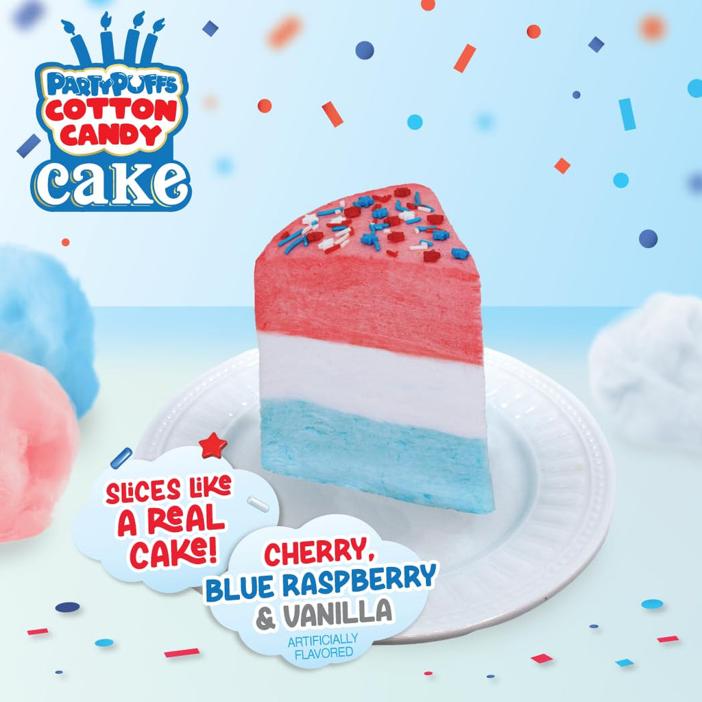 PartyPuffs 4oz Sliceable Cotton Candy Cake Tub – Strawberry Apple Blue Raspberry Lemon – Ready-to-Serve Gluten-Free Candy Dessert for Kids & Parties