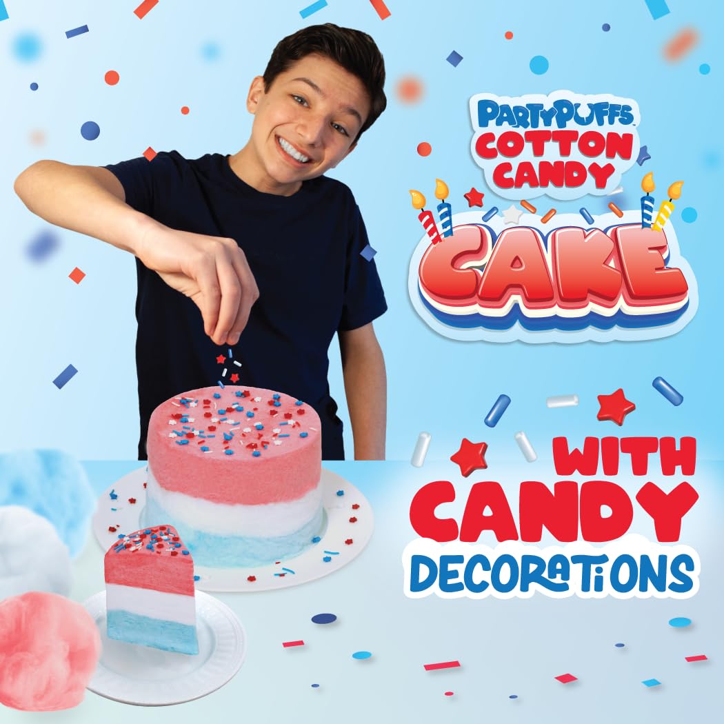 PartyPuffs 4oz Sliceable Cotton Candy Cake Tub – Strawberry Apple Blue Raspberry Lemon – Ready-to-Serve Gluten-Free Candy Dessert for Kids & Parties