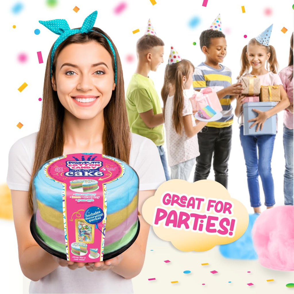 PartyPuffs 4oz Sliceable Cotton Candy Cake Tub – Strawberry Apple Blue Raspberry Lemon – Ready-to-Serve Gluten-Free Candy Dessert for Kids & Parties