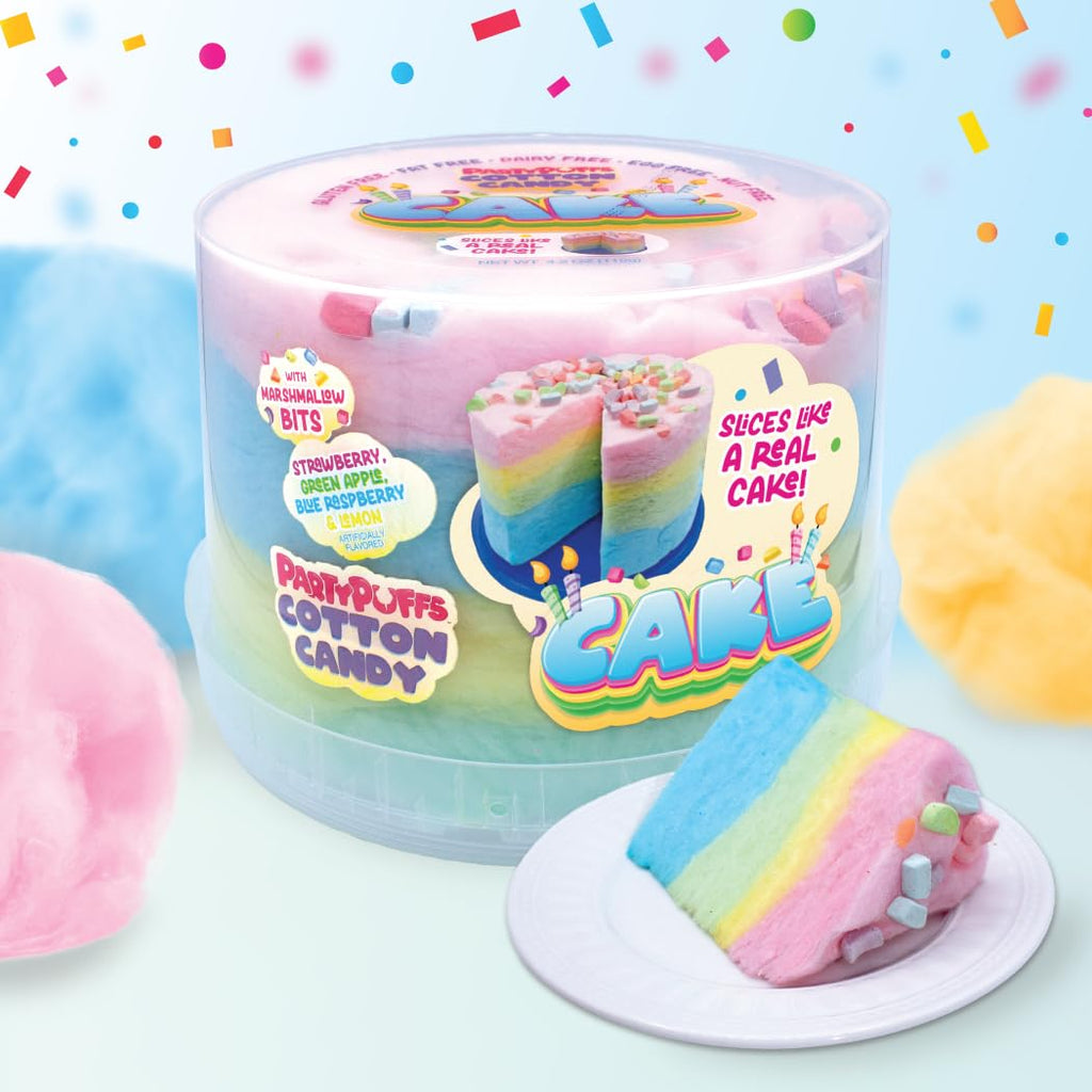 PartyPuffs 4oz Sliceable Cotton Candy Cake Tub – Strawberry Apple Blue Raspberry Lemon – Ready-to-Serve Gluten-Free Candy Dessert for Kids & Parties