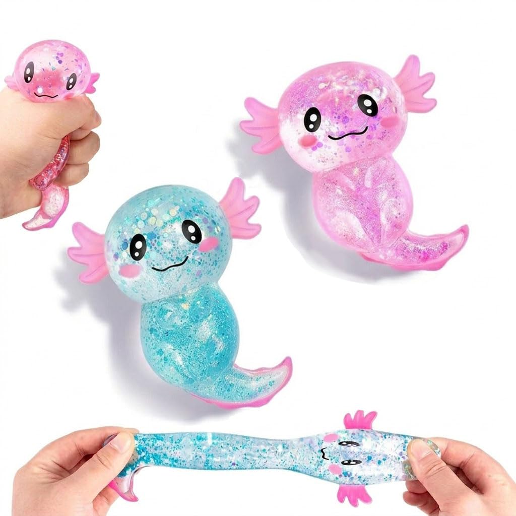 Axolotl Squishy Toy, Glitter Fidget Toys Cute Axolotl Stress Relief Squeeze Toy Gifts for Kids Youth Adult, Party Favors Squishies Toys (Pink&BlueA)