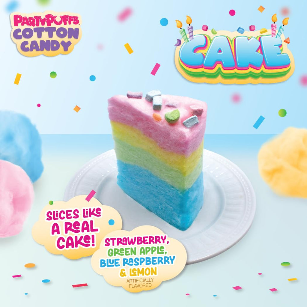 PartyPuffs 4oz Sliceable Cotton Candy Cake Tub – Strawberry Apple Blue Raspberry Lemon – Ready-to-Serve Gluten-Free Candy Dessert for Kids & Parties