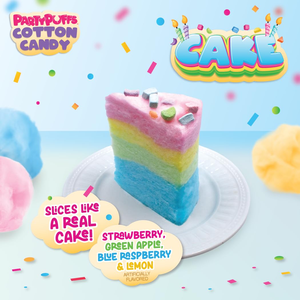 PartyPuffs 4oz Sliceable Cotton Candy Cake Tub – Strawberry Apple Blue Raspberry Lemon – Ready-to-Serve Gluten-Free Candy Dessert for Kids & Parties