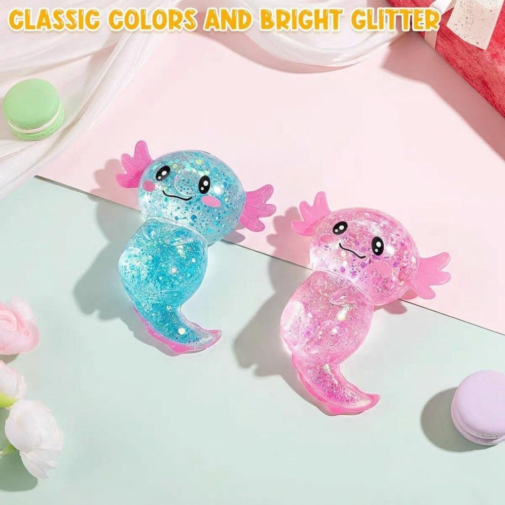 Axolotl Squishy Toy, Glitter Fidget Toys Cute Axolotl Stress Relief Squeeze Toy Gifts for Kids Youth Adult, Party Favors Squishies Toys (Pink&BlueA)