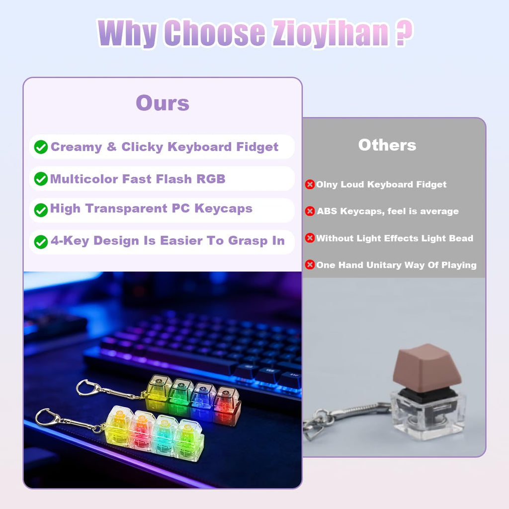 2 Pcs Keyboard Fidget Toy for Adults Fidget Keyboard Clicker Toys with LED Lights Keychain Stress Relief for Anxiety Decompression (Black and White)