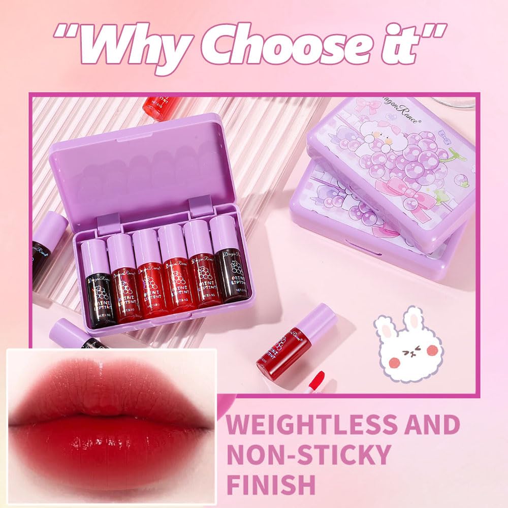 Miniling 6-Color Korean Lip Tint Set - Watery, Velvet Matte Lipsticks for Lips and Cheeks - Long-Lasting, Non-Stick, Shimmery