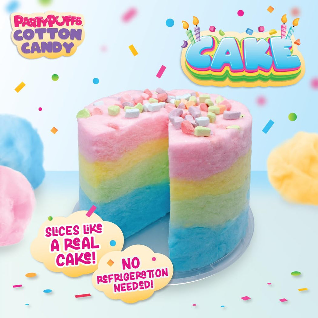 PartyPuffs 4oz Sliceable Cotton Candy Cake Tub – Strawberry Apple Blue Raspberry Lemon – Ready-to-Serve Gluten-Free Candy Dessert for Kids & Parties