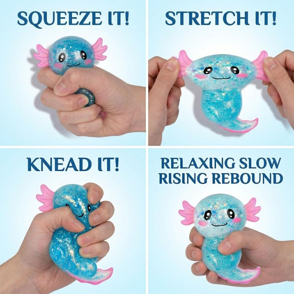 Axolotl Squishy Toy, Glitter Fidget Toys Cute Axolotl Stress Relief Squeeze Toy Gifts for Kids Youth Adult, Party Favors Squishies Toys (Pink&BlueA)