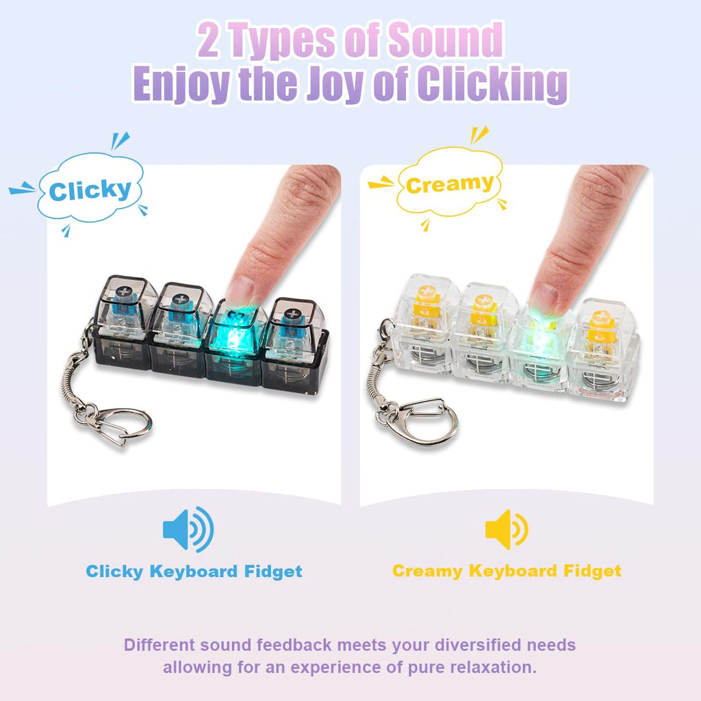 2 Pcs Keyboard Fidget Toy for Adults Fidget Keyboard Clicker Toys with LED Lights Keychain Stress Relief for Anxiety Decompression (Black and White)