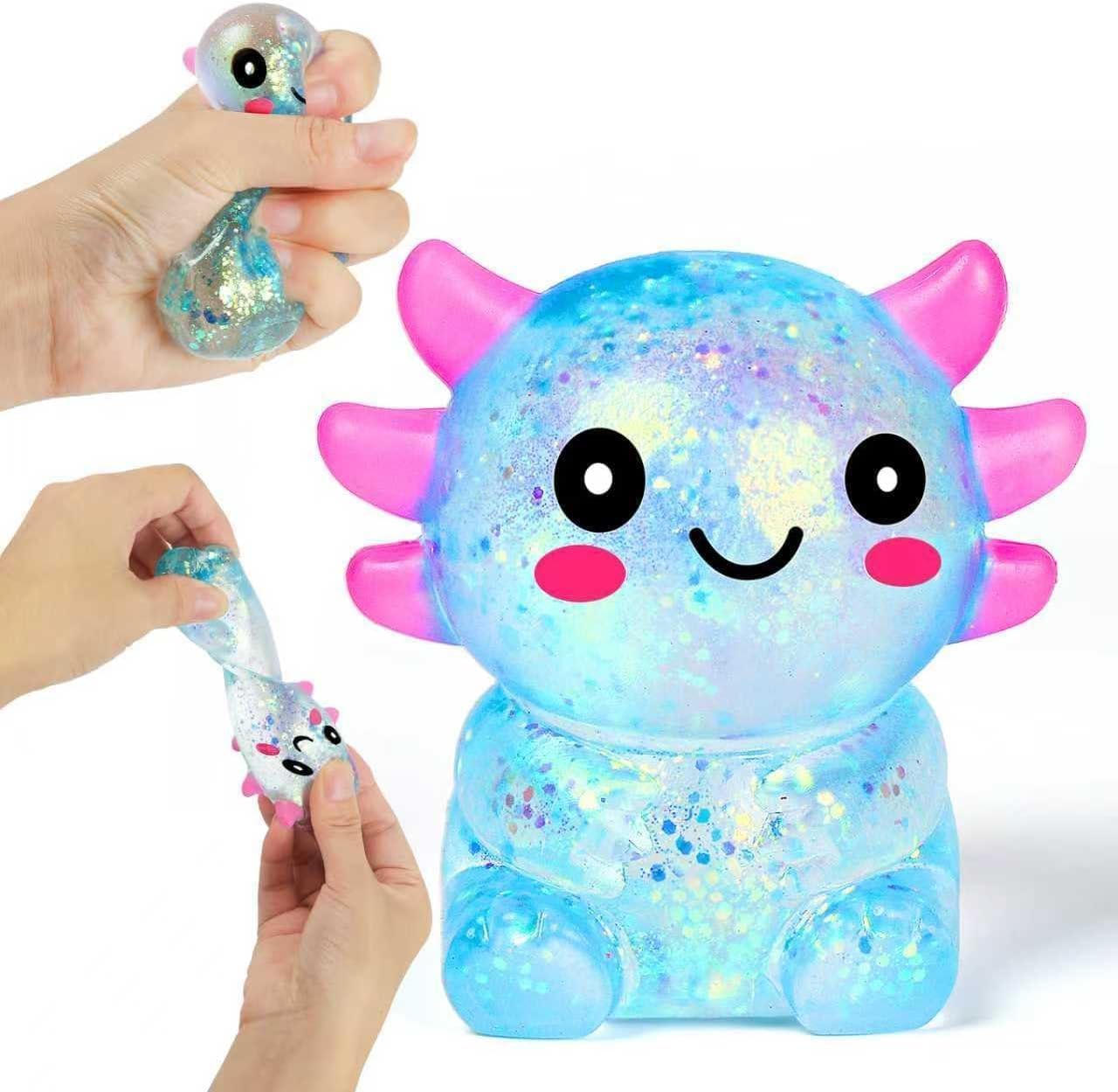 Axolotl Squishy Toy, Glitter Fidget Toys Cute Axolotl Stress Relief Squeeze Toy Gifts for Kids Youth Adult, Party Favors Squishies Toys (Pink&BlueA)