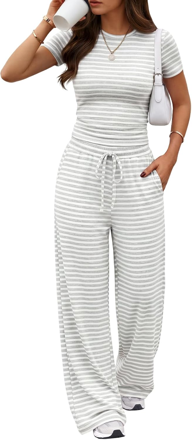 Trendy Queen 2 Piece Matching Summer Lounge Set Womens Side Ruching Top Wide Leg Pants Sets with Pockets