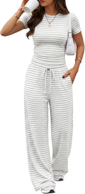 Trendy Queen 2 Piece Matching Summer Lounge Set Womens Side Ruching Top Wide Leg Pants Sets with Pockets