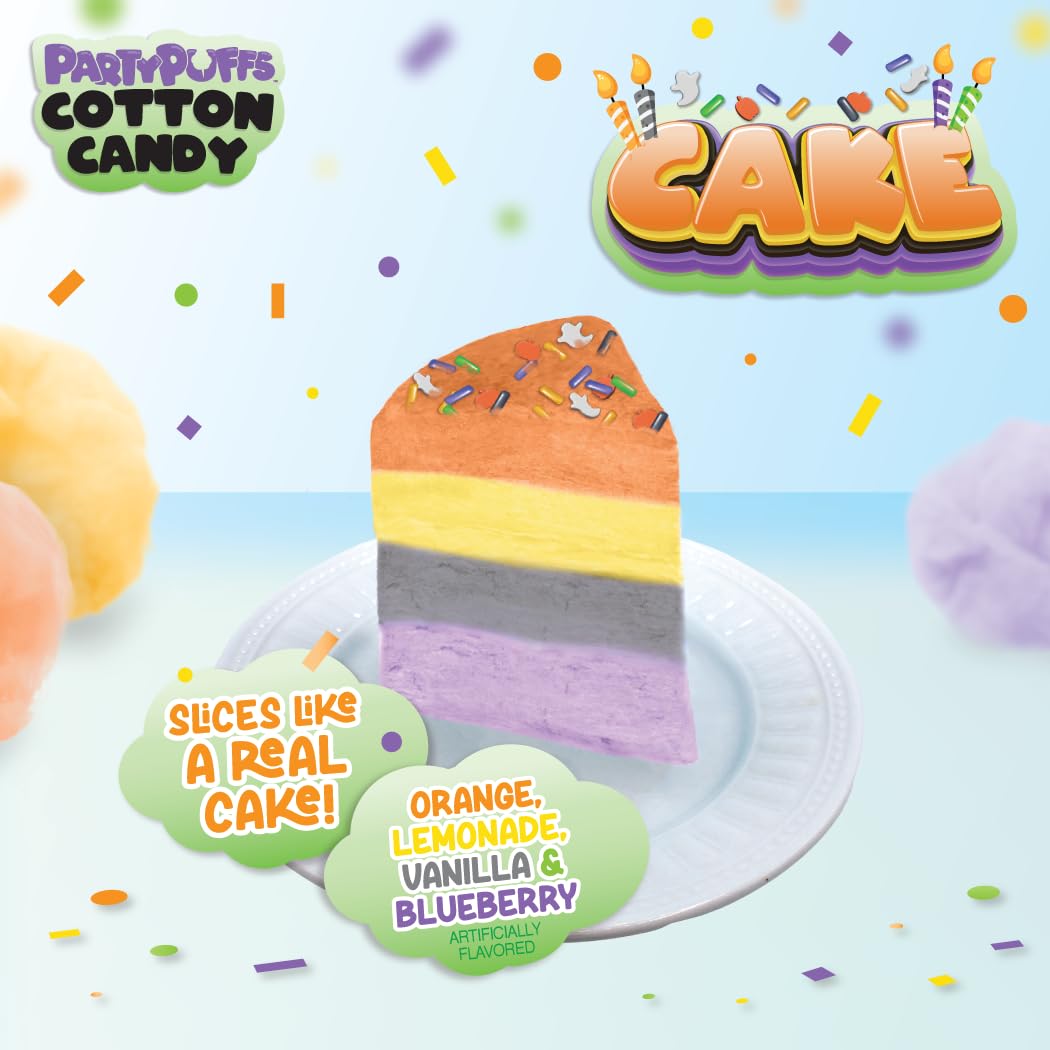 PartyPuffs 4oz Sliceable Cotton Candy Cake Tub – Strawberry Apple Blue Raspberry Lemon – Ready-to-Serve Gluten-Free Candy Dessert for Kids & Parties