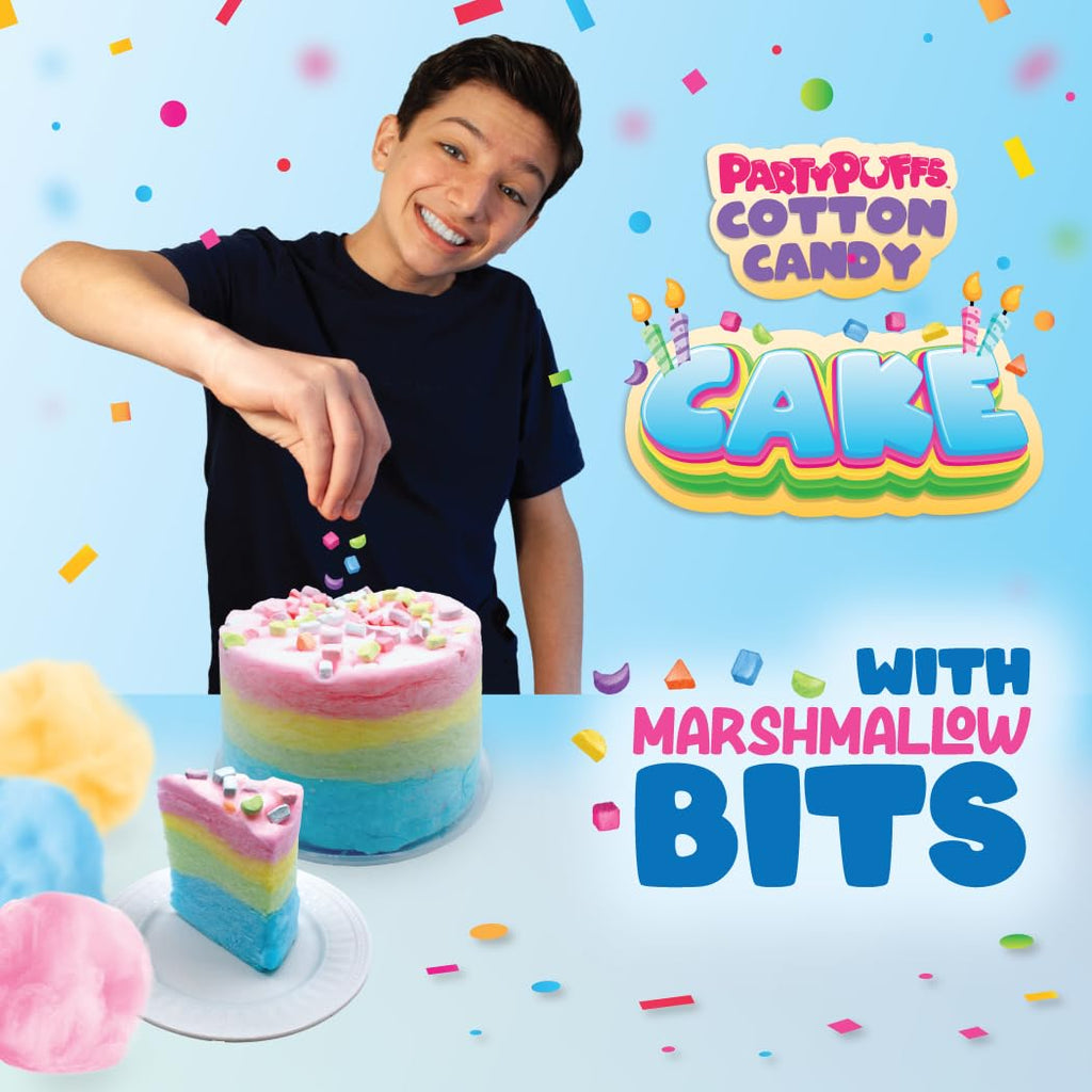 PartyPuffs 4oz Sliceable Cotton Candy Cake Tub – Strawberry Apple Blue Raspberry Lemon – Ready-to-Serve Gluten-Free Candy Dessert for Kids & Parties