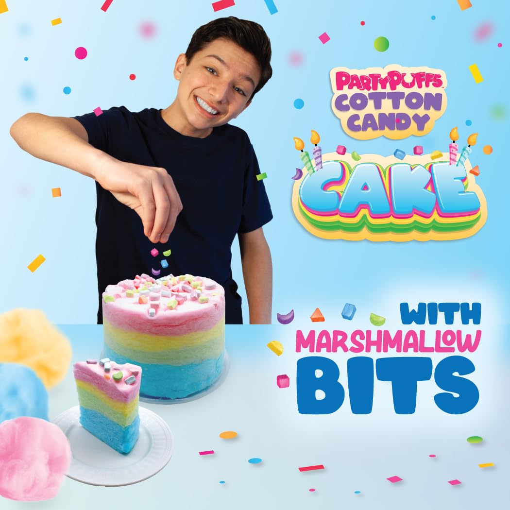 PartyPuffs 4oz Sliceable Cotton Candy Cake Tub – Strawberry Apple Blue Raspberry Lemon – Ready-to-Serve Gluten-Free Candy Dessert for Kids & Parties