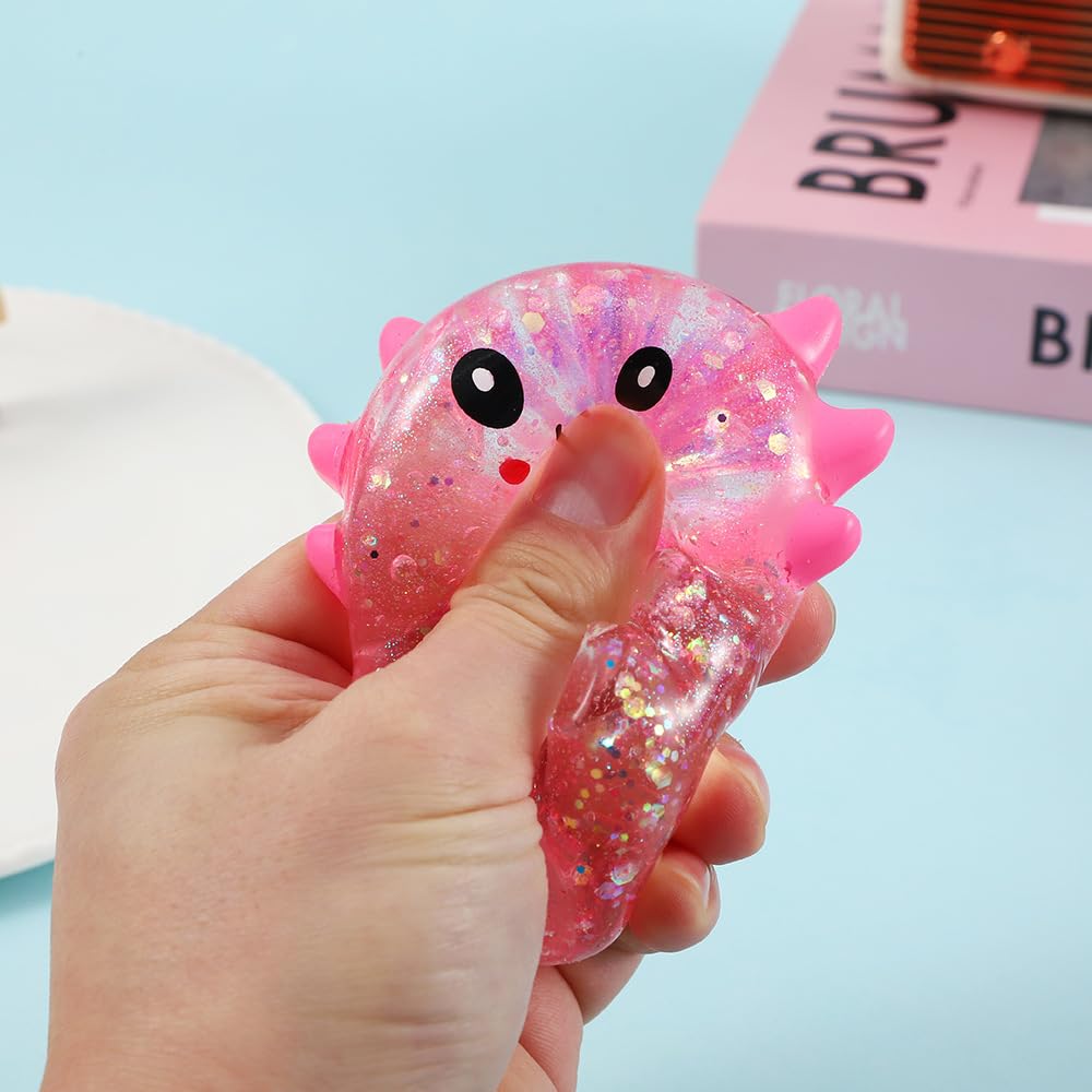 Axolotl Squishy Toy, Glitter Fidget Toys Cute Axolotl Stress Relief Squeeze Toy Gifts for Kids Youth Adult, Party Favors Squishies Toys (Pink&BlueA)