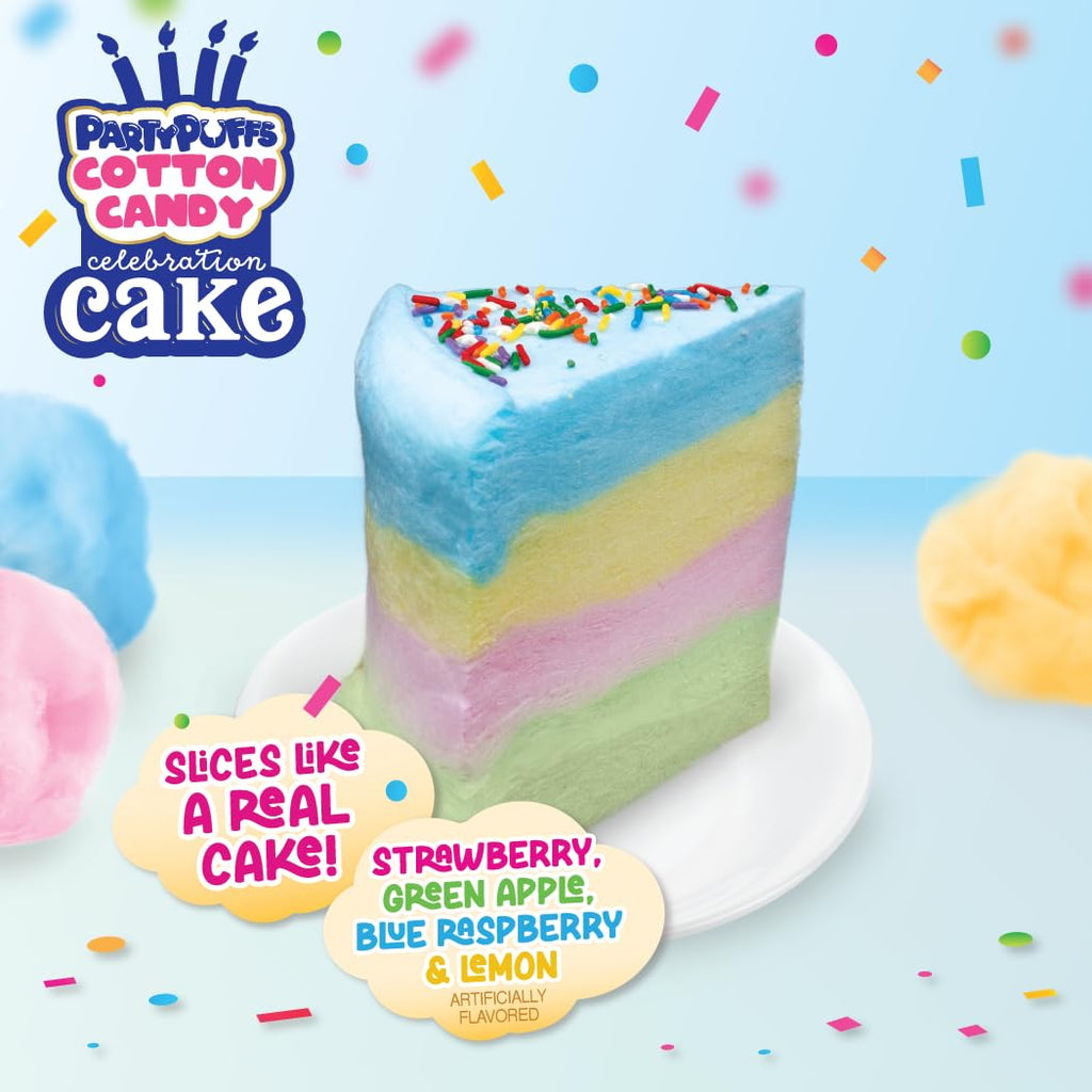 PartyPuffs 4oz Sliceable Cotton Candy Cake Tub – Strawberry Apple Blue Raspberry Lemon – Ready-to-Serve Gluten-Free Candy Dessert for Kids & Parties