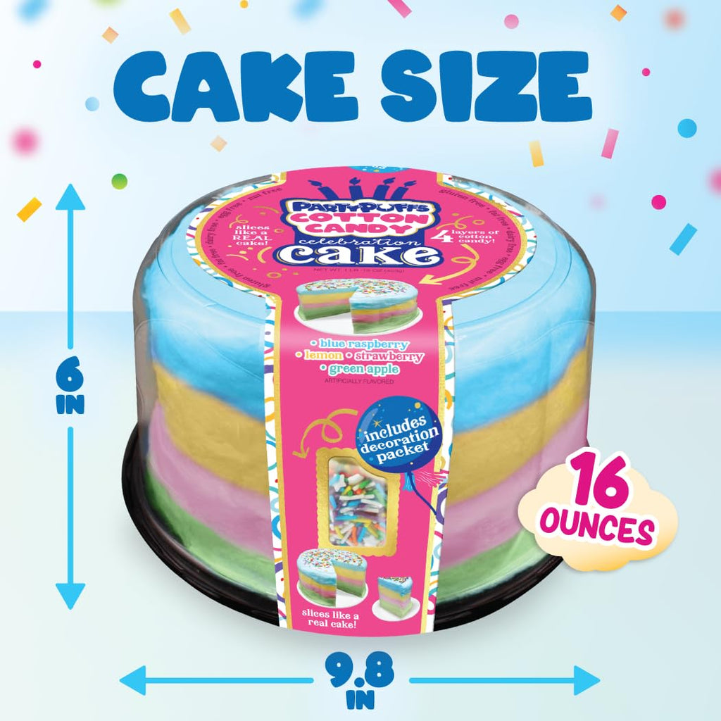 PartyPuffs 4oz Sliceable Cotton Candy Cake Tub – Strawberry Apple Blue Raspberry Lemon – Ready-to-Serve Gluten-Free Candy Dessert for Kids & Parties