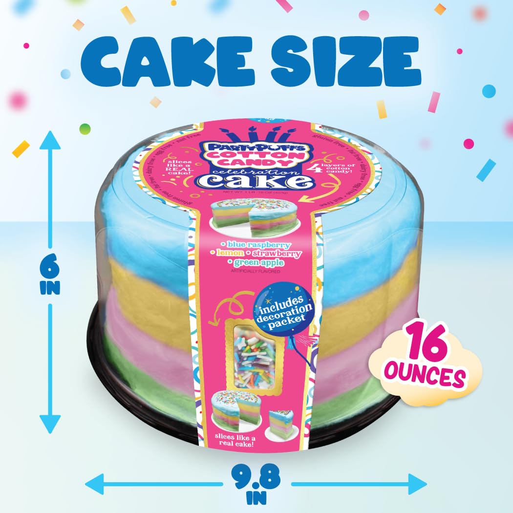 PartyPuffs 4oz Sliceable Cotton Candy Cake Tub – Strawberry Apple Blue Raspberry Lemon – Ready-to-Serve Gluten-Free Candy Dessert for Kids & Parties