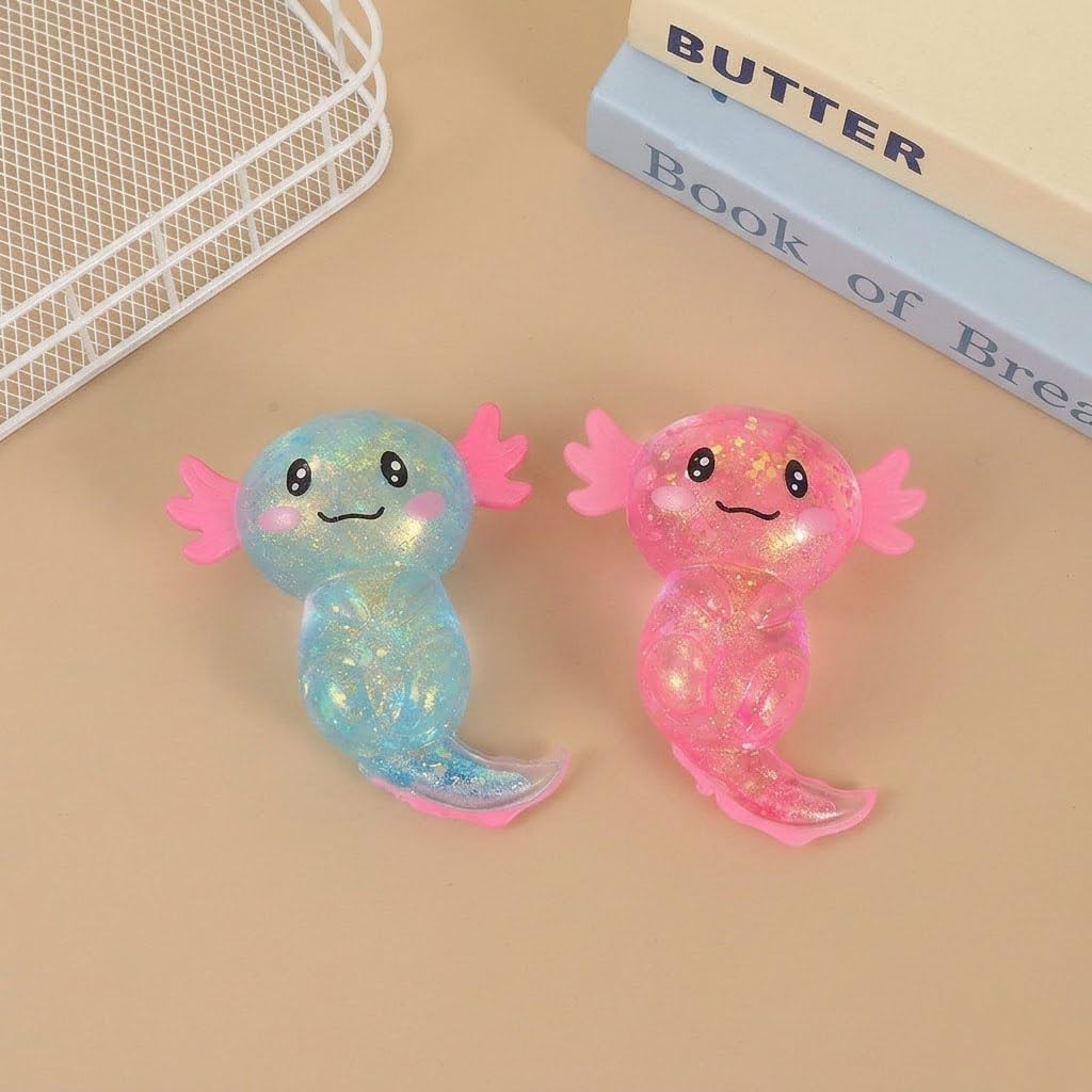 Axolotl Squishy Toy, Glitter Fidget Toys Cute Axolotl Stress Relief Squeeze Toy Gifts for Kids Youth Adult, Party Favors Squishies Toys (Pink&BlueA)