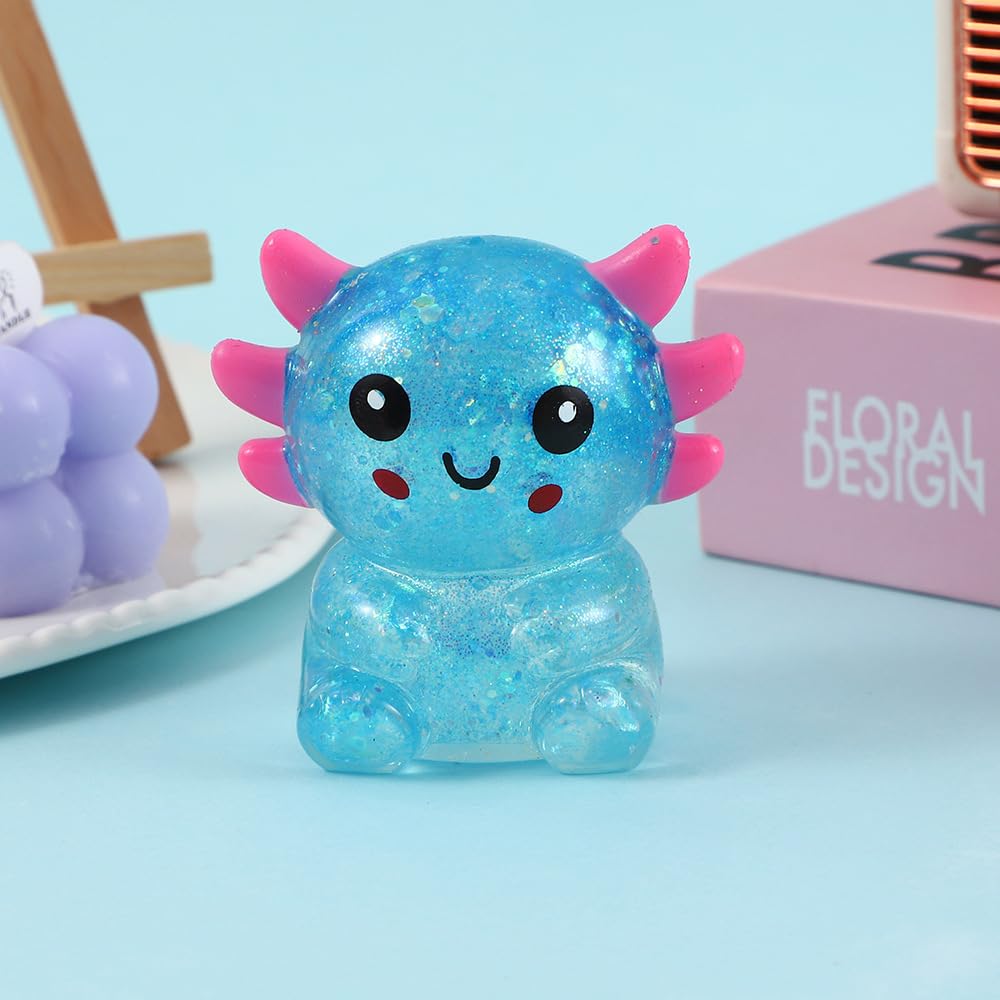 Axolotl Squishy Toy, Glitter Fidget Toys Cute Axolotl Stress Relief Squeeze Toy Gifts for Kids Youth Adult, Party Favors Squishies Toys (Pink&BlueA)