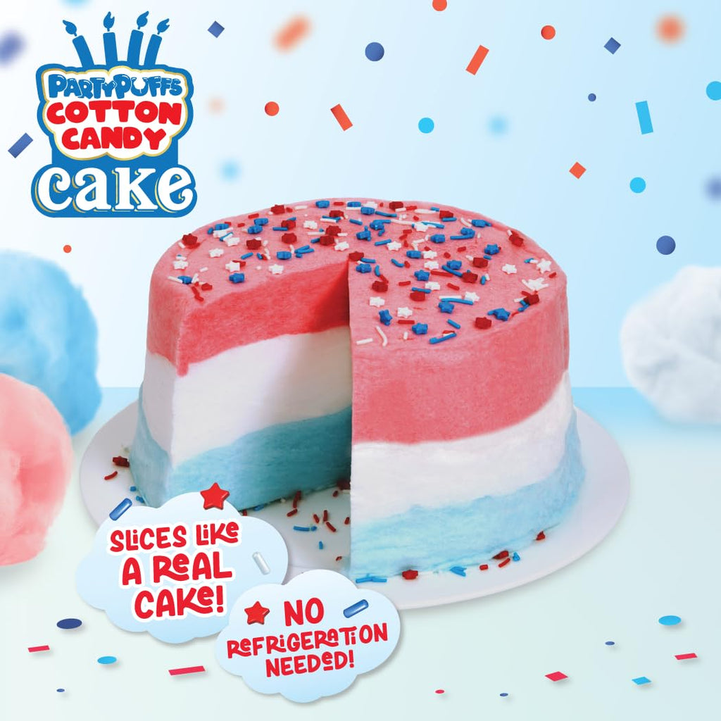 PartyPuffs 4oz Sliceable Cotton Candy Cake Tub – Strawberry Apple Blue Raspberry Lemon – Ready-to-Serve Gluten-Free Candy Dessert for Kids & Parties