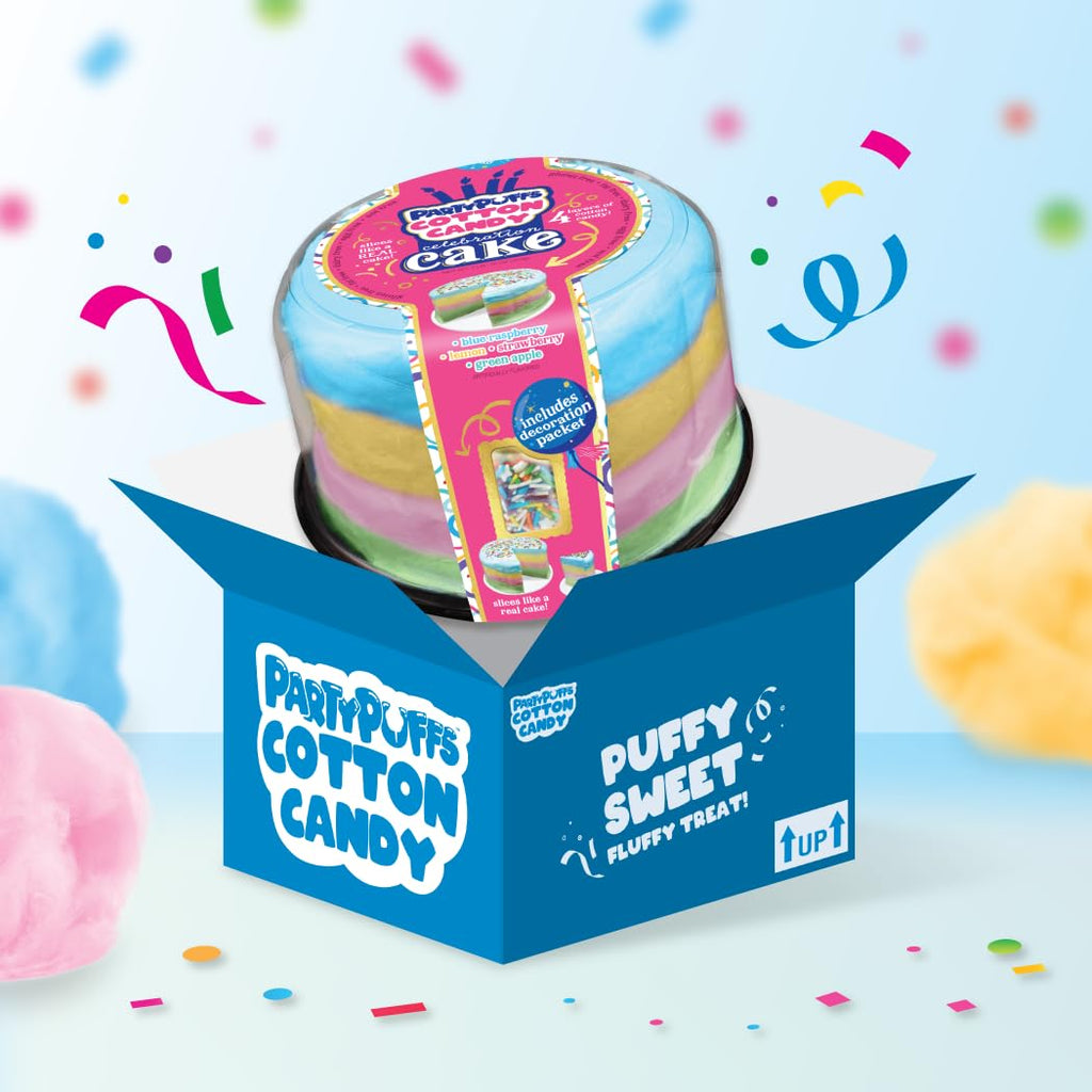 PartyPuffs 4oz Sliceable Cotton Candy Cake Tub – Strawberry Apple Blue Raspberry Lemon – Ready-to-Serve Gluten-Free Candy Dessert for Kids & Parties