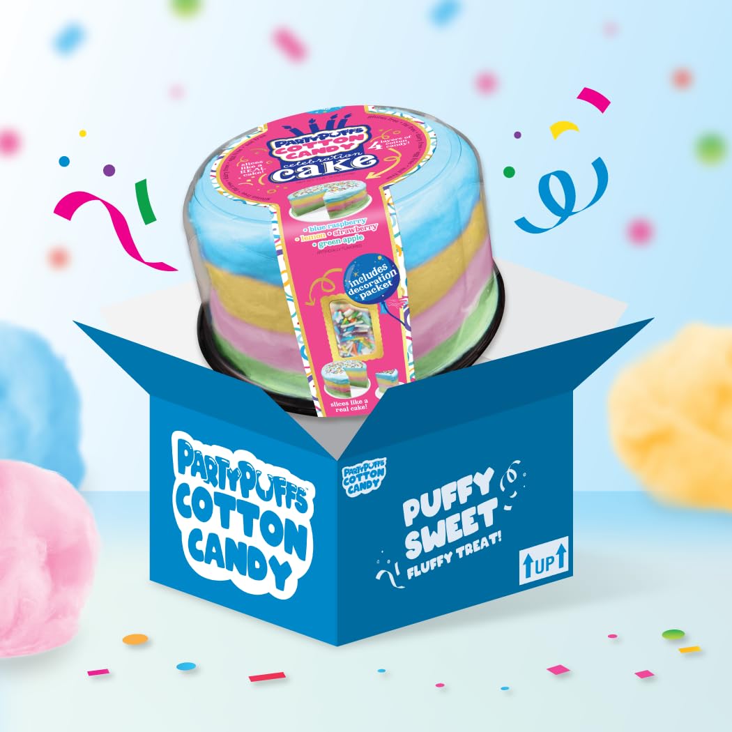 PartyPuffs 4oz Sliceable Cotton Candy Cake Tub – Strawberry Apple Blue Raspberry Lemon – Ready-to-Serve Gluten-Free Candy Dessert for Kids & Parties