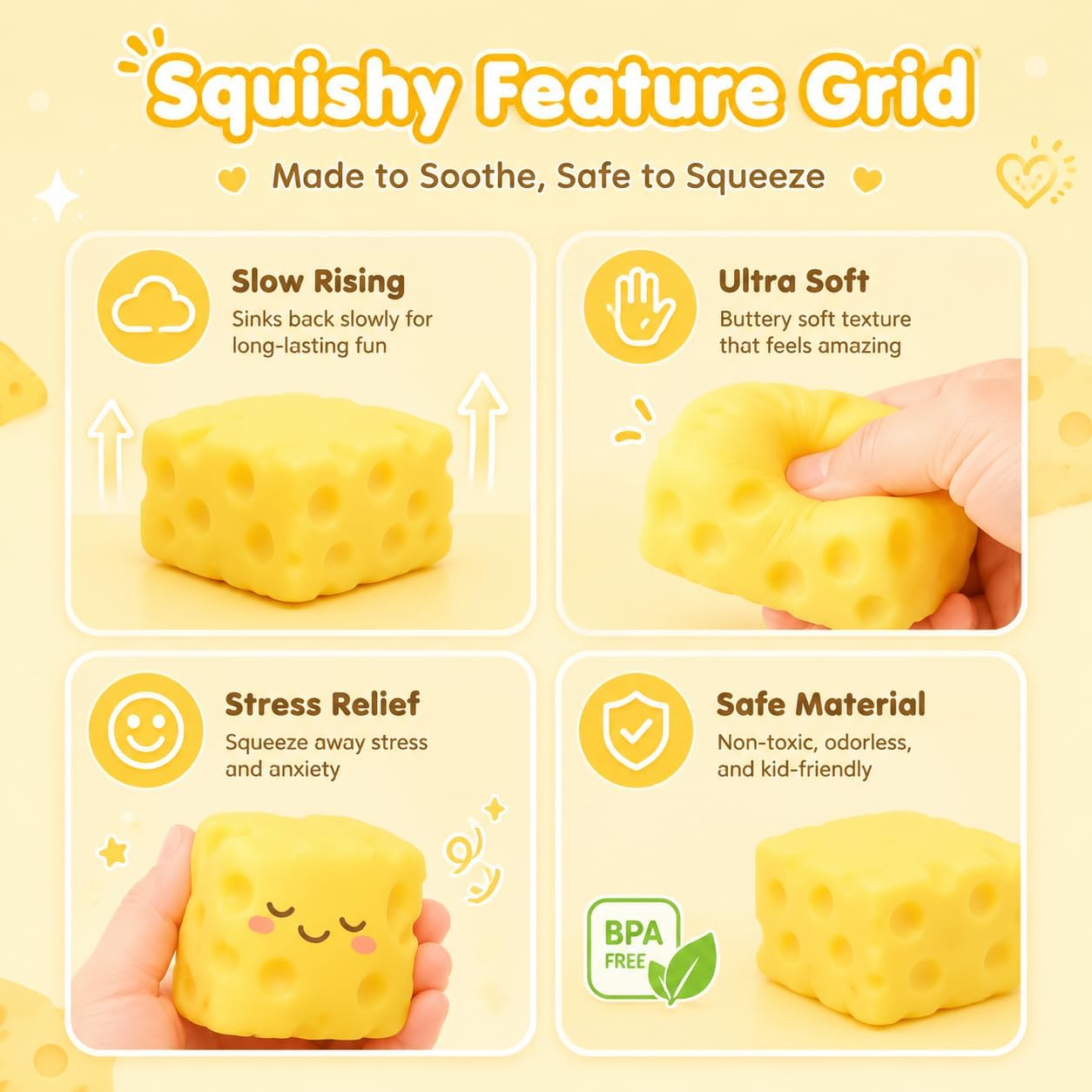 2Pcs Cheese Squishy Toy, Slow Rising Squishy Toys, Cheese Stress Ball, Slow Rise Squishies, Squeeze Cheese Squishy Skin, Suitable for Adults and Children Food Cheese Squishy (Yellow)